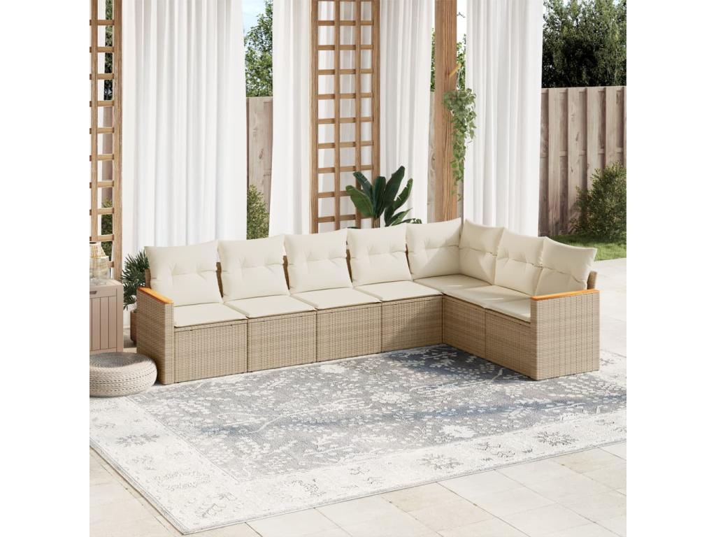 7-piece garden furniture set with cushions, beige woven resin