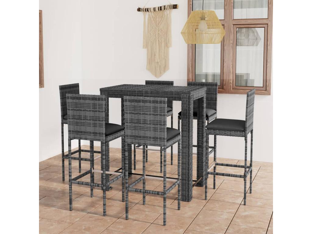 7-piece garden bar set and cushions, Grey Wicker Resin 53848JARO