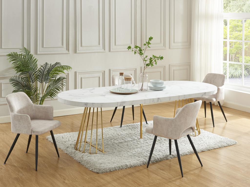 Extendable dining table for 2 to 12 people in MDF and steel - White and gold marble effect - Bohometop 25881TJSL