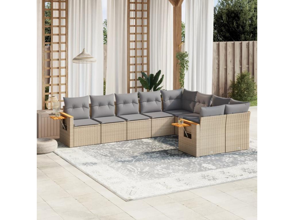 9-piece garden furniture set with cushions, beige wicker resin, 95605XBIK