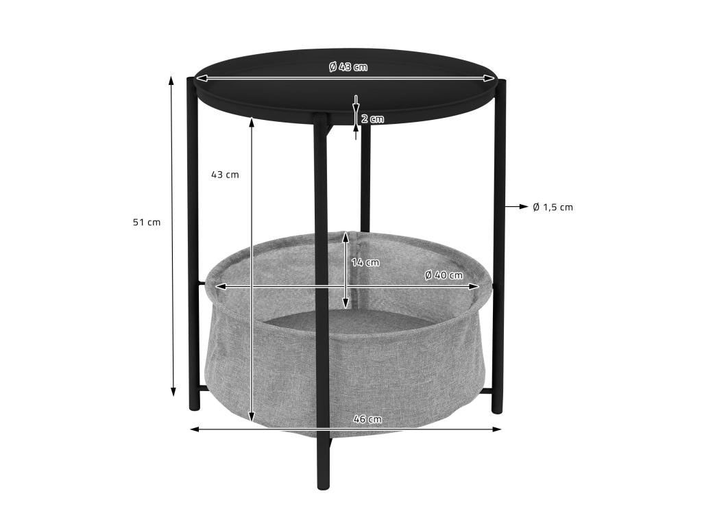 Side table with basket, coffee table, living room table, metal, 43cm