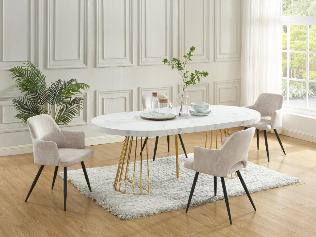 Extendable dining table for 2 to 12 people in MDF and steel - White and gold marble effect - Bohometop 25881TJSL