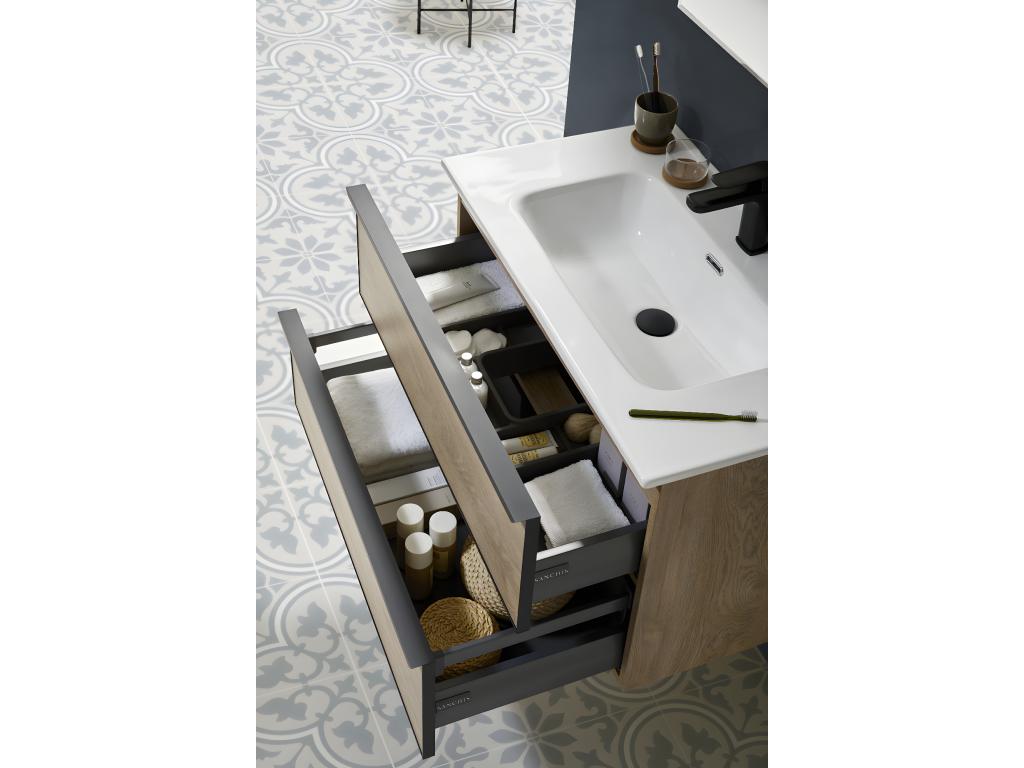 Bathroom vanity unit with 2 suspended drawers in Nordic oak finish with molded top - Length 60 x Height 50 x Depth 46 cm 07342JMDG