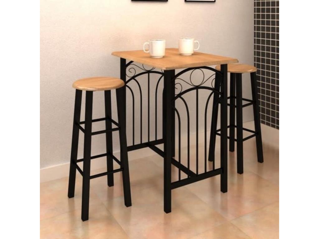 Dining table set in reddish-brown wood with black steel accents