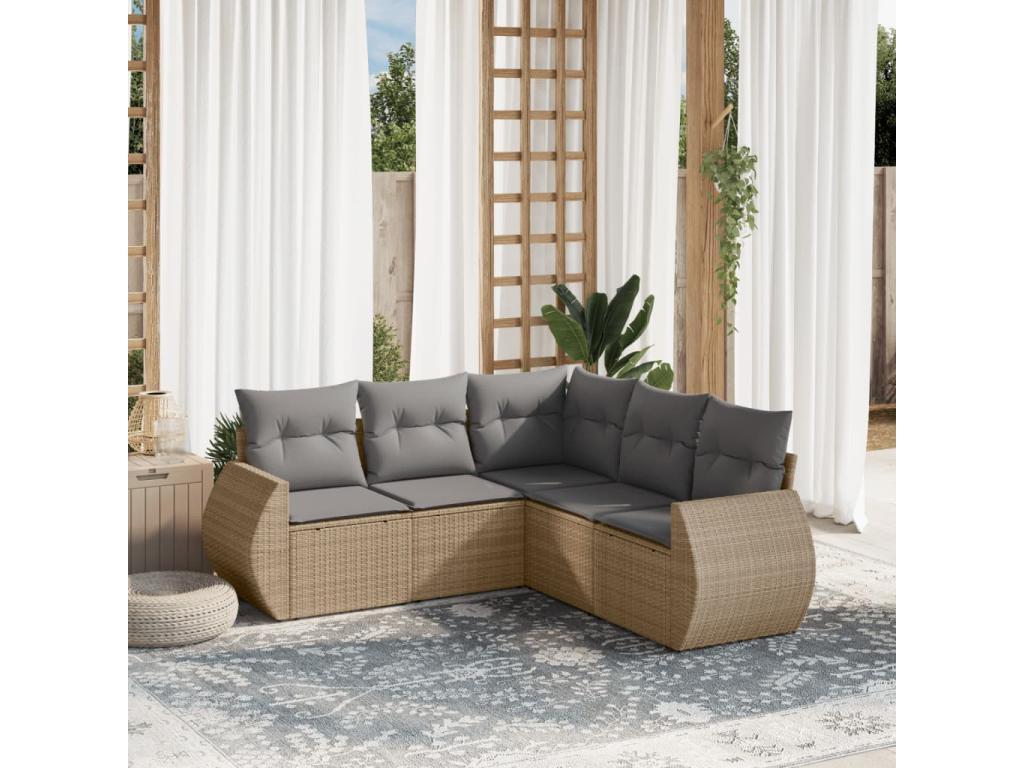 5-piece garden furniture set with cushions, beige wicker resin, 53600AKCG