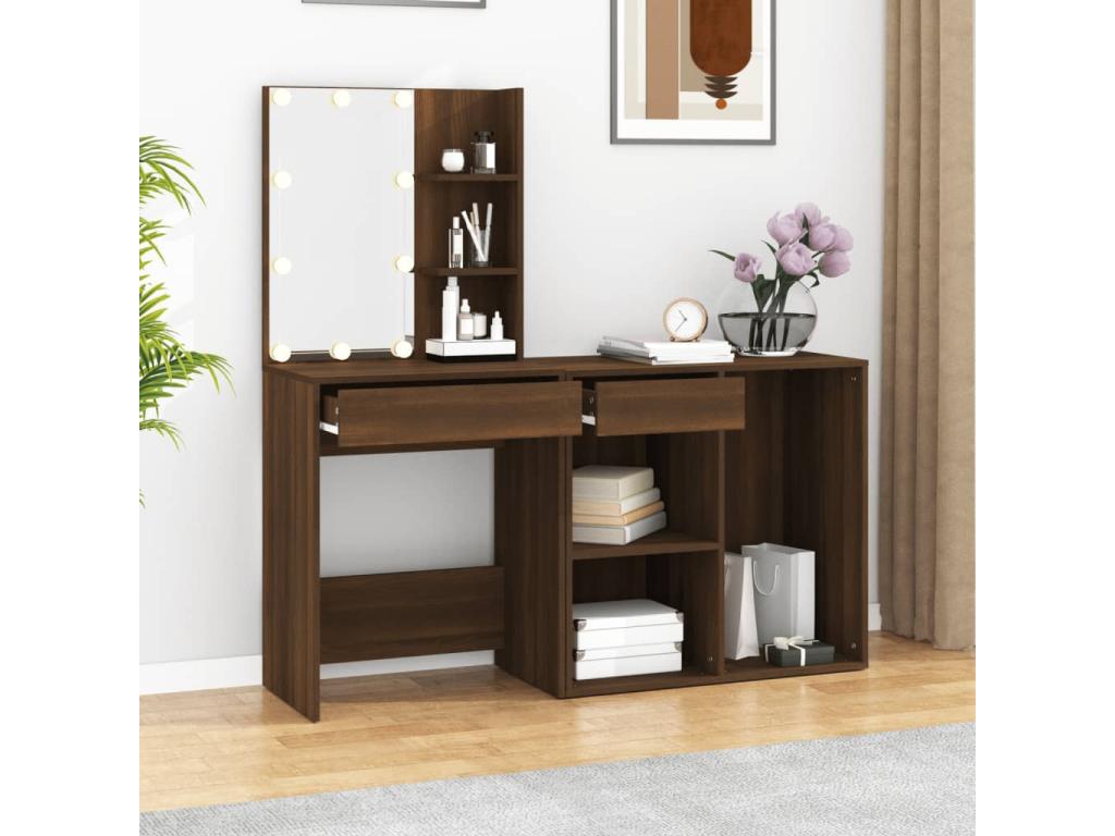 LED dressing table with cabinet, brown oak, engineered wood