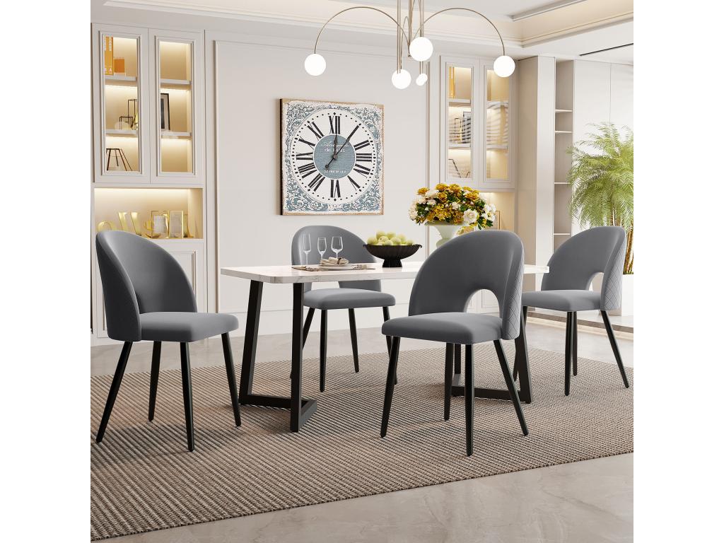 Dining set 117x68 cm, 4 shell chairs - velvet and black metal legs - diamond pattern - grey 37214UMIF