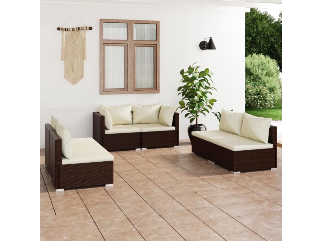 6-piece garden furniture set with cushions, brown woven resin
