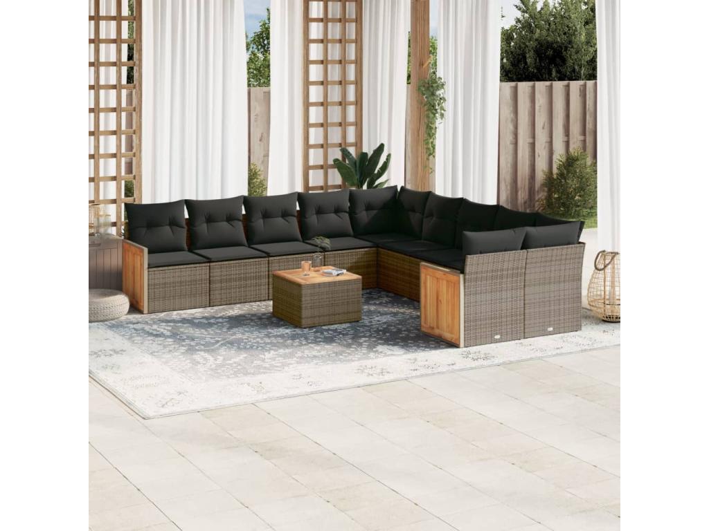 11-piece garden furniture set with grey resin wicker cushions 36308AHLL