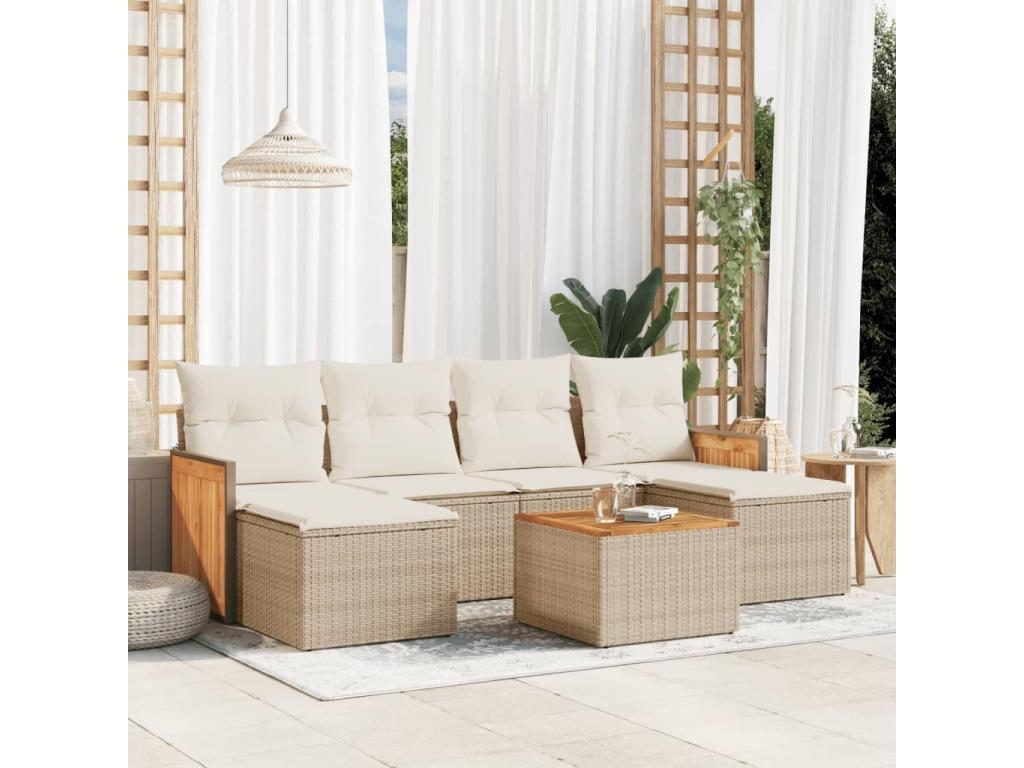 7-piece garden furniture set with cushions, beige woven resin