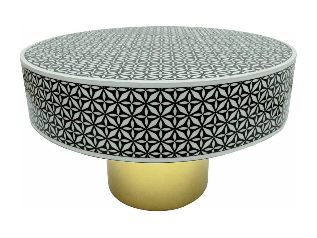 Homelumiere style round coffee table, 71cm, Homelumiere geometric pattern, black and gold legs