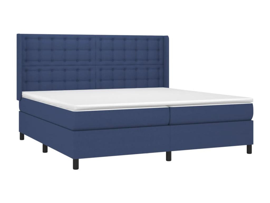 Upholstered bed base and mattress with blue LED lighting, 200x200 cm, fabric
