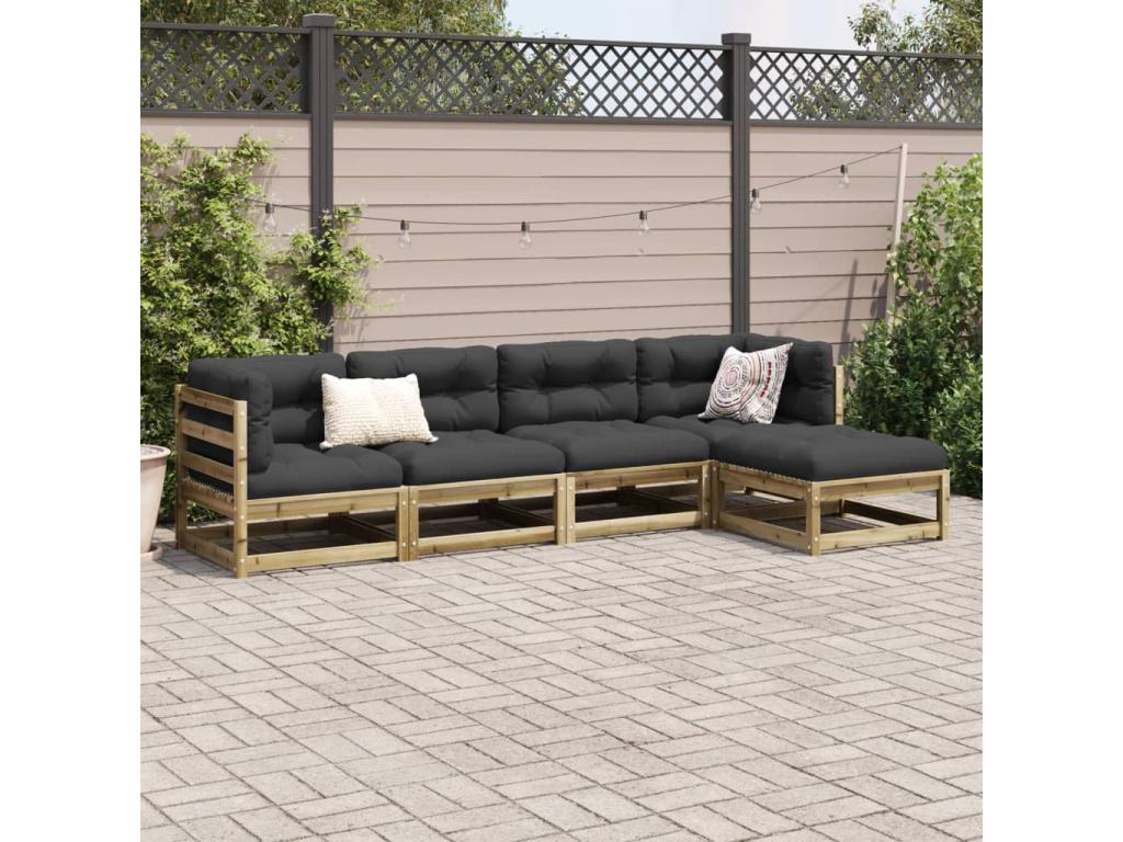 5-piece garden furniture set with cushions, made of impregnated pine wood