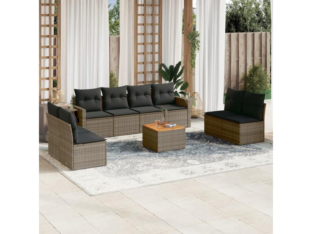 9-piece garden furniture set with grey resin wicker cushions 61620OFOL