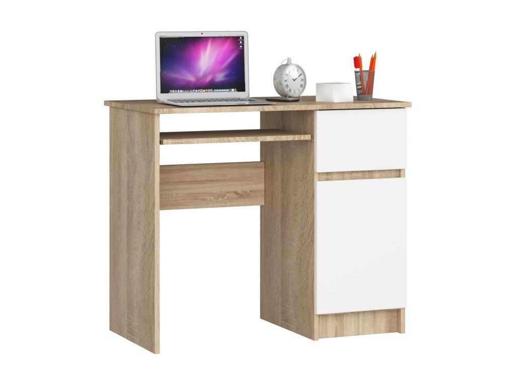 Homelumiere Right-Hand Computer Desk, Oak Finish, 90 cm, 1 Door, 1 Drawer, White Front, 3 Shelves, 90x50x77 cm