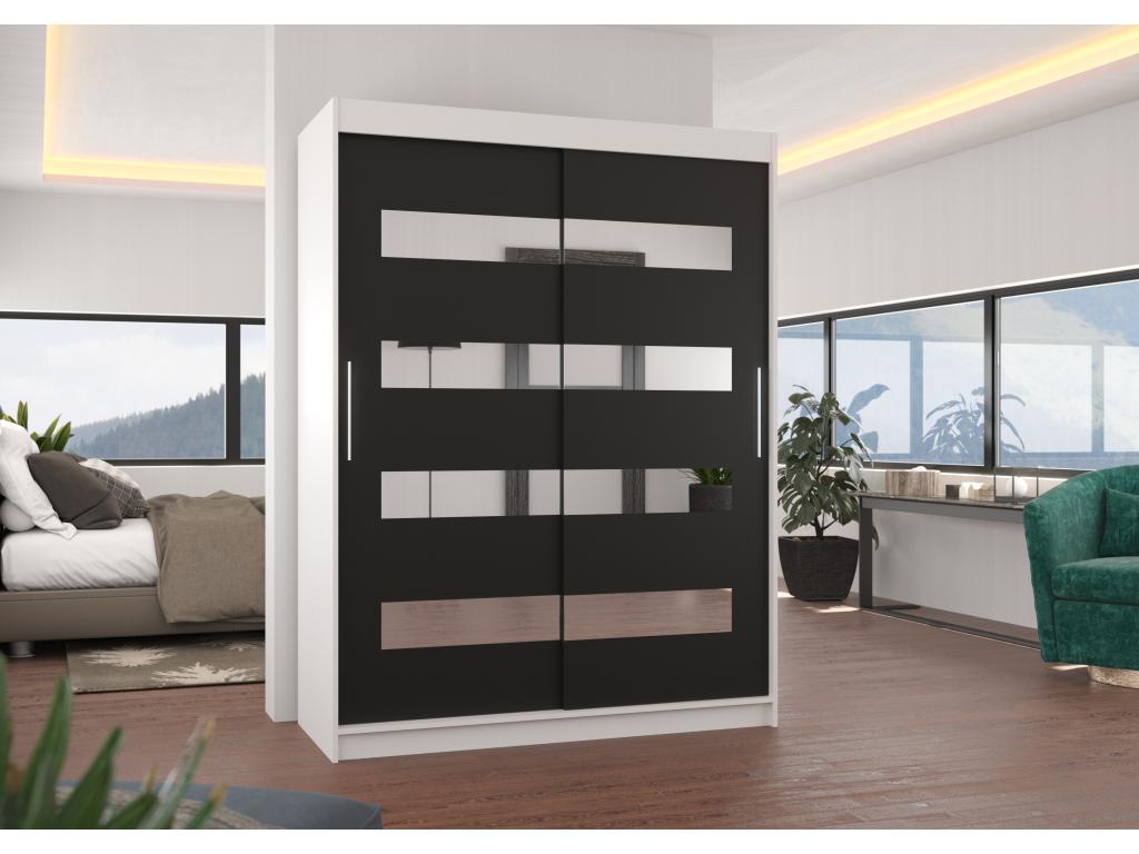 Homelumiere 150cm White Bedroom Wardrobe with 2 Sliding Black Doors and Horizontal Mirrors