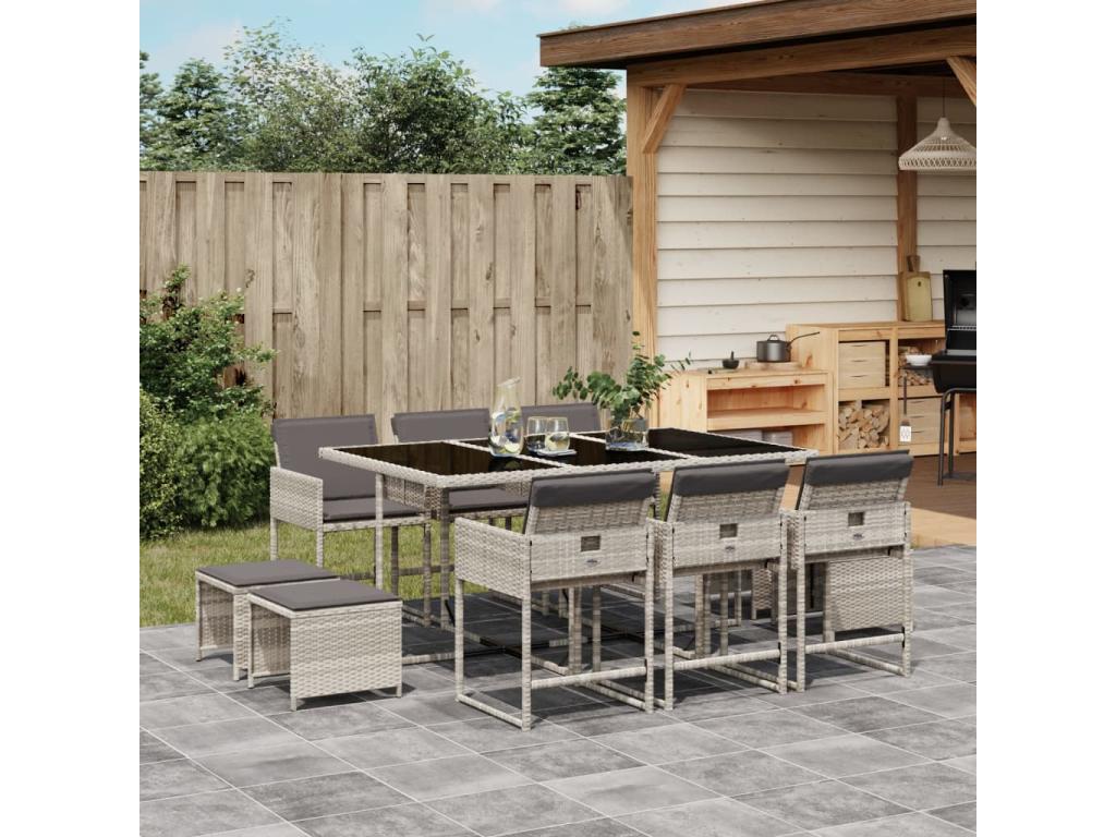 11-piece garden dining set with grey poly rattan cushions 37597HSBJ