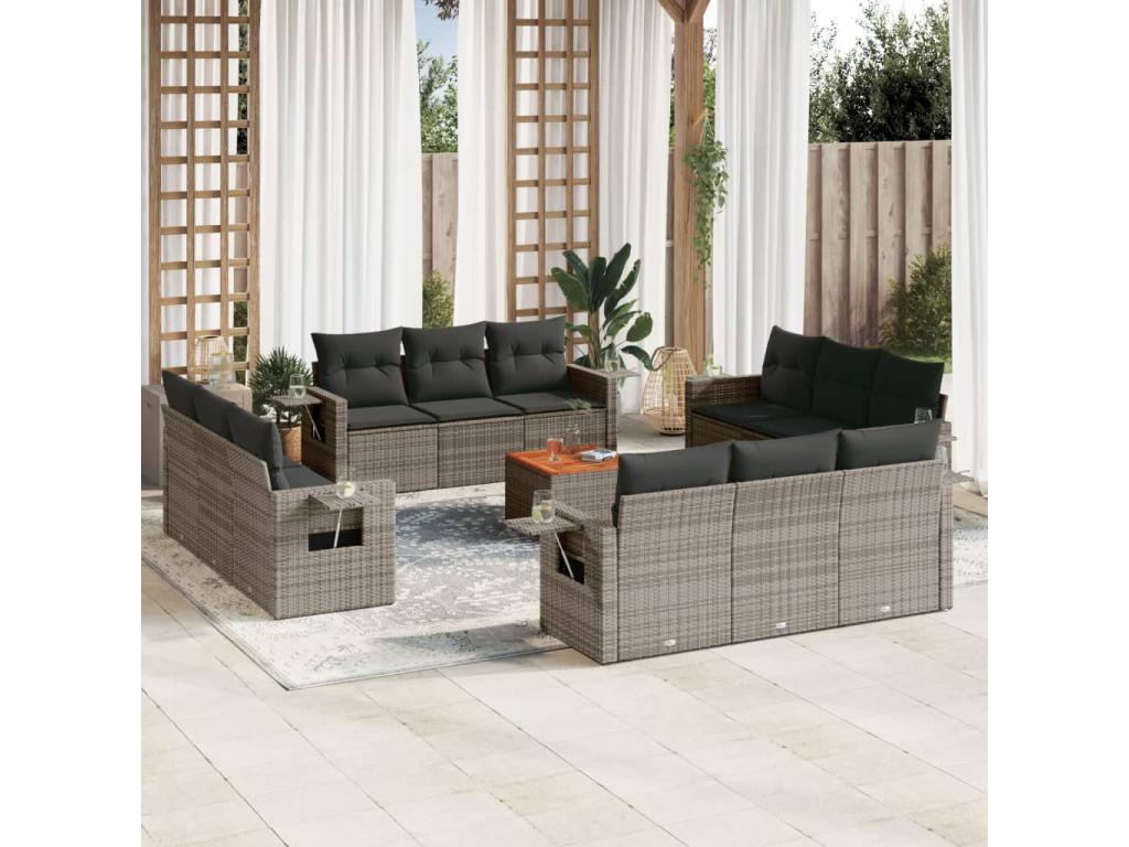 13-piece garden furniture set with cushions, grey wicker resin, 38872OJWM