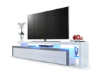 White and grey lacquered TV stand with LED lighting, 52x227x35 cm