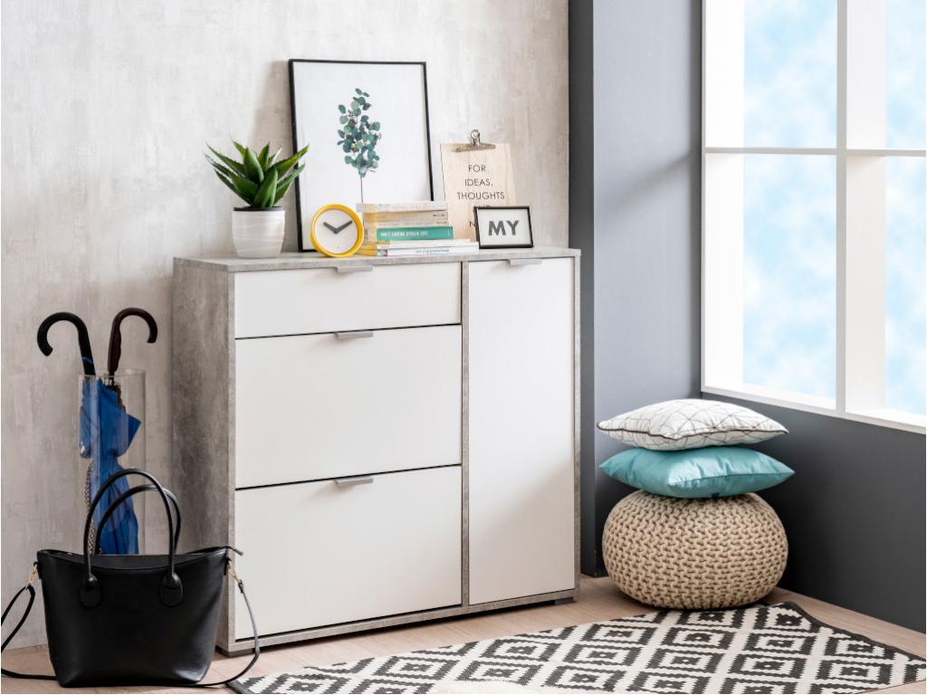 Bohometop Shoe Cabinet - 2 compartments, 1 door / 1 drawer - White/concrete finish 79207MIWT