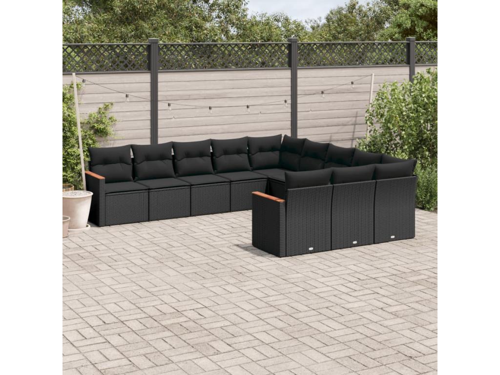 11-piece garden furniture set with cushions, black resin wicker, 61312QBXB