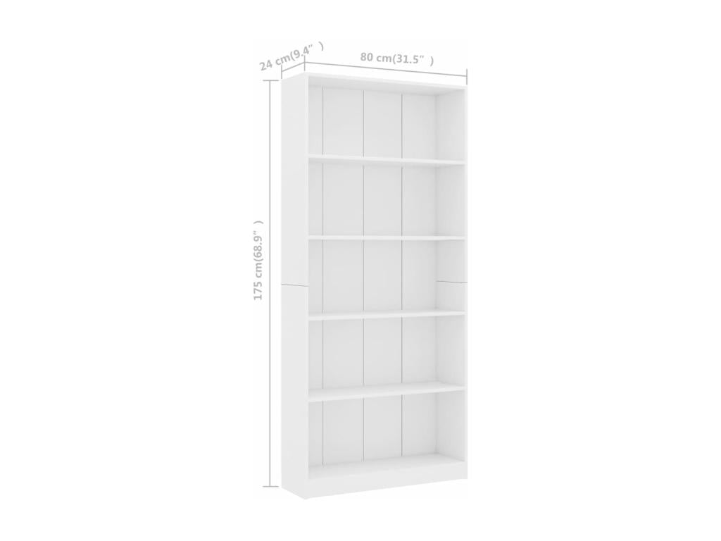 5-Tier Bookshelf, White, 80x24x175 cm, Chipboard