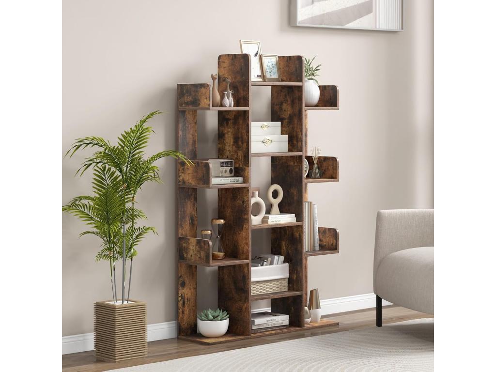 Tree-shaped bookcase with 13 open shelves, freestanding decorative shelf, rustic brown, 07975IPQN