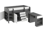 90x200cm Mezzanine Bed with Ladder, Wardrobe, Removable Desk, Bookshelf and Shelves, SMIDA L Graphite/White