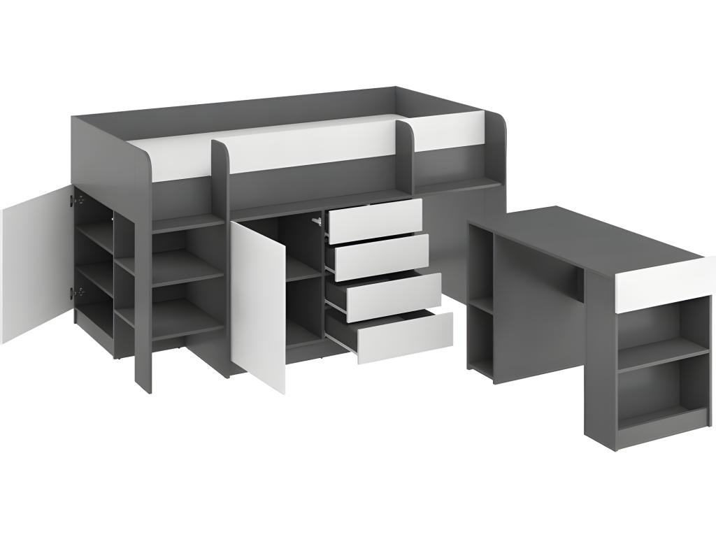 90x200cm Mezzanine Bed with Ladder, Wardrobe, Removable Desk, Bookshelf and Shelves, SMIDA L Graphite/White