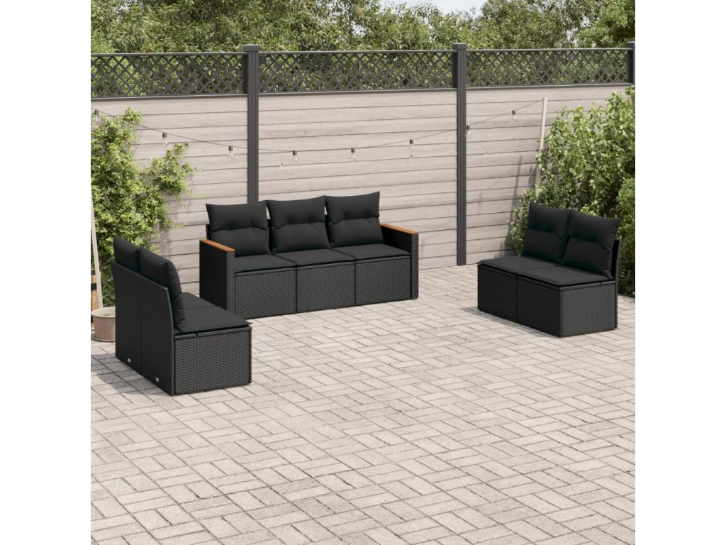 7-piece garden furniture set with cushions, black woven resin