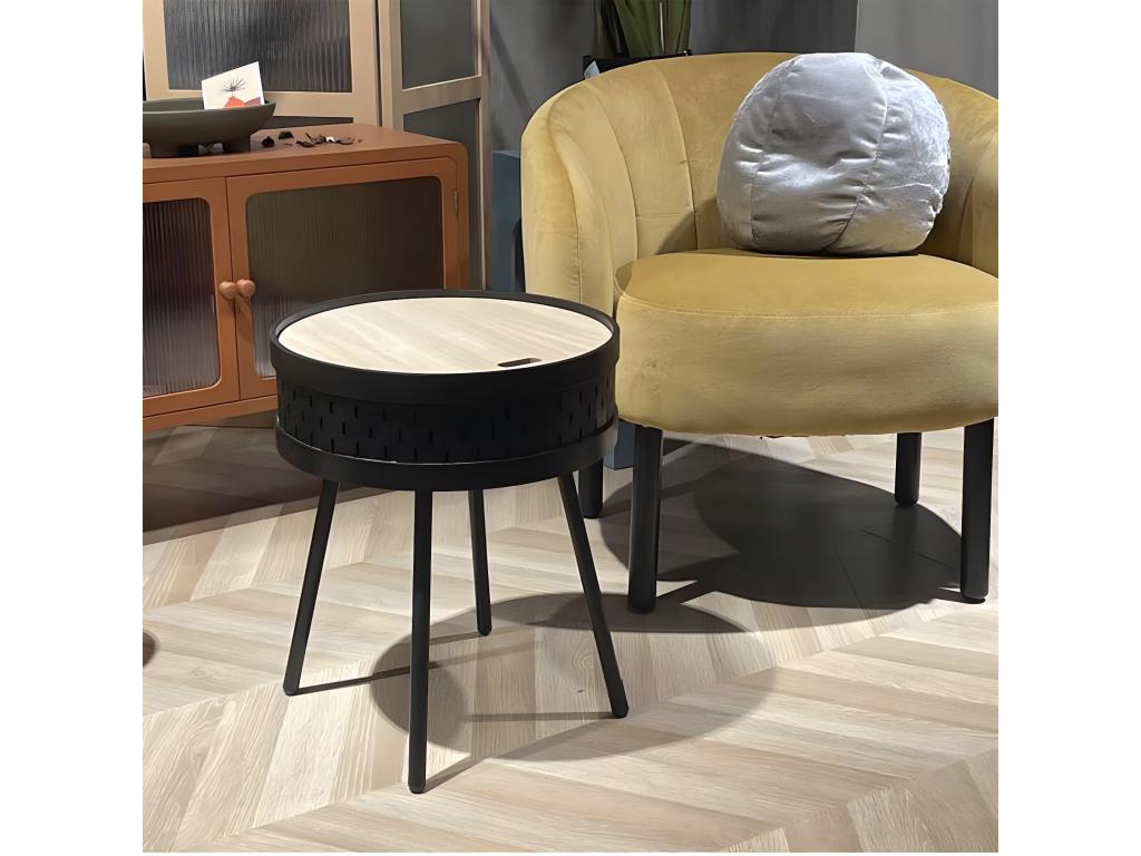 Bohometop - Black Side Table with Storage and Wood-Effect Top 19949YSVF