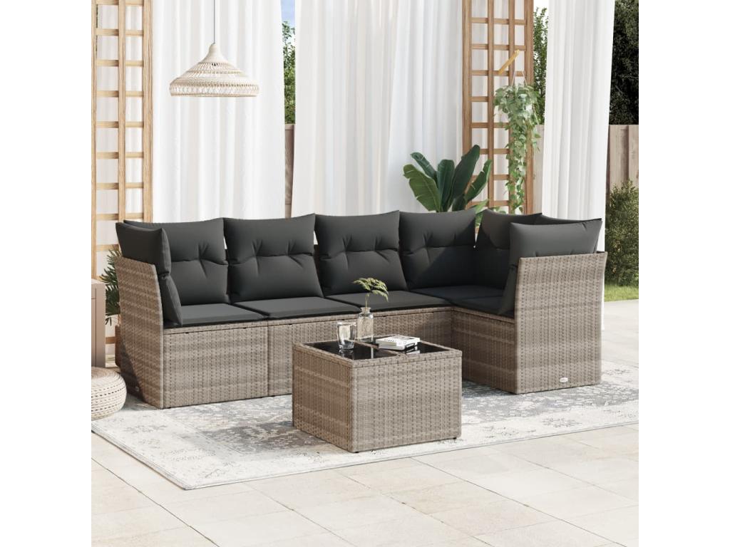 6-piece garden furniture set with light grey cushions, woven resin 65165LOFB
