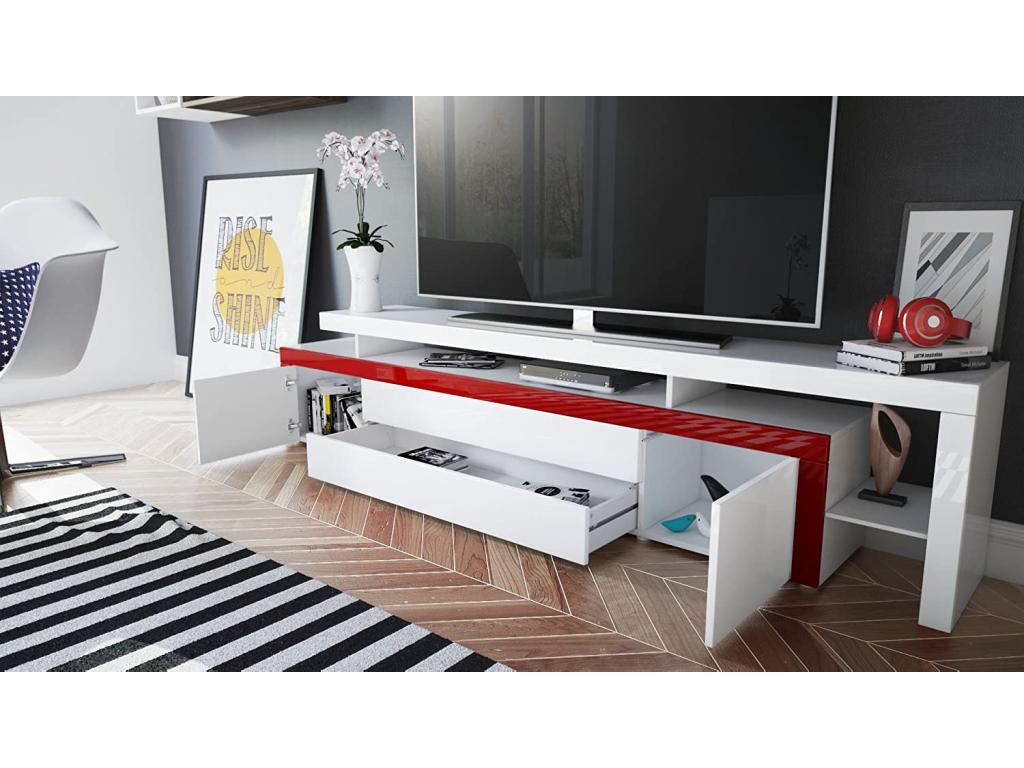 White and grey lacquered TV stand with LED lighting, 52x227x35 cm
