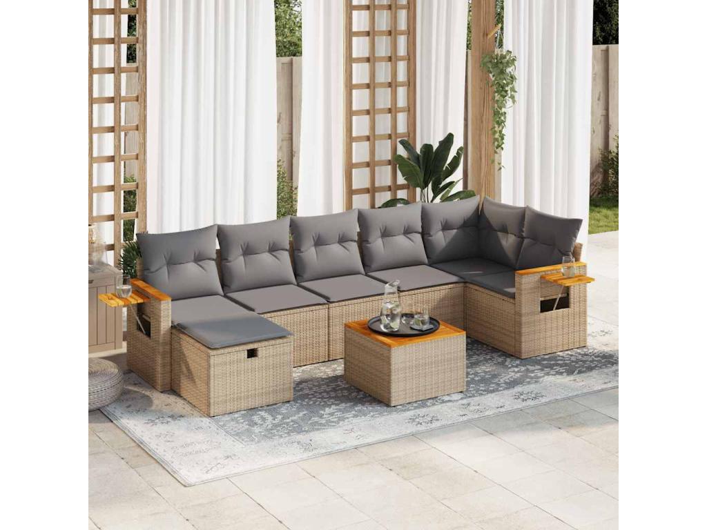 8-piece garden furniture set with cushions, beige wicker resin, 90200JCZU