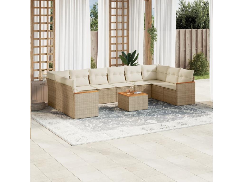 11-piece garden furniture set with beige resin wicker cushions