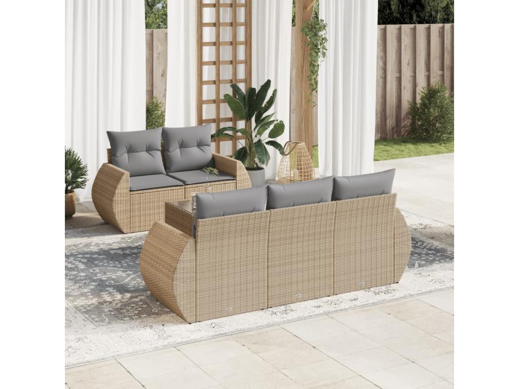6-piece garden furniture set with cushions, beige woven resin 06756KDVX