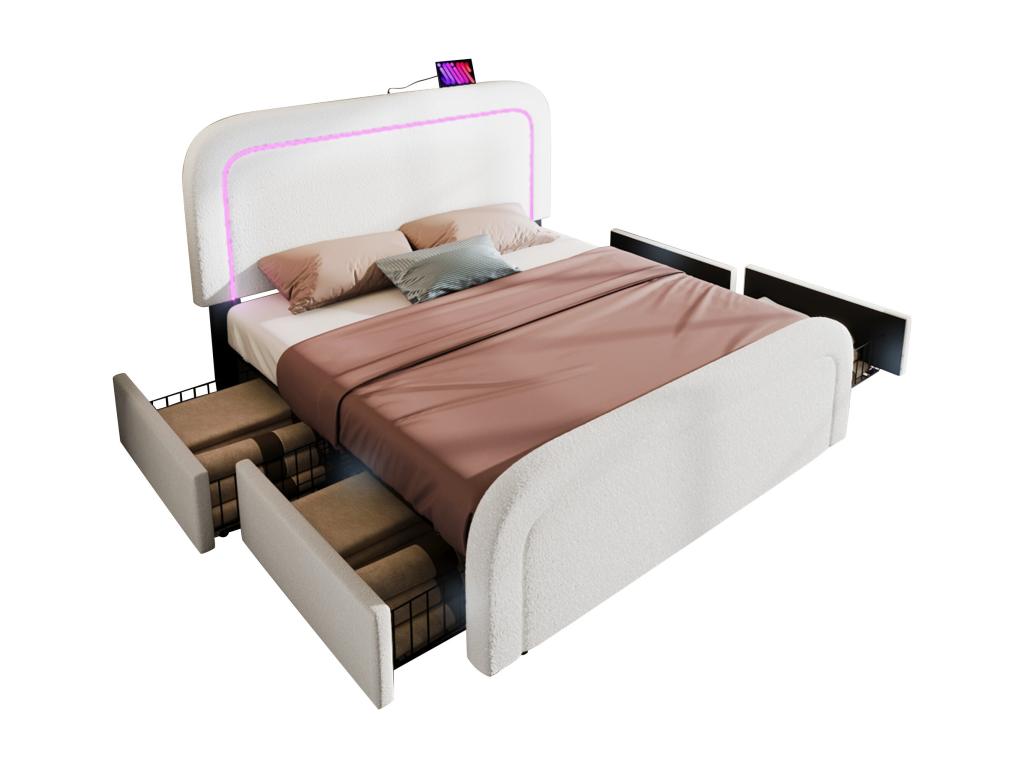 Adult bed 140x200 cm with 2 drawers and adjustable headboard - USB Homelumiere C - Homelumiere fabric - white Mattress