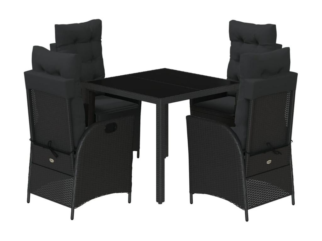 5-piece garden dining set with cushions, black woven resin