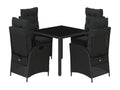 5-piece garden dining set with cushions, black woven resin